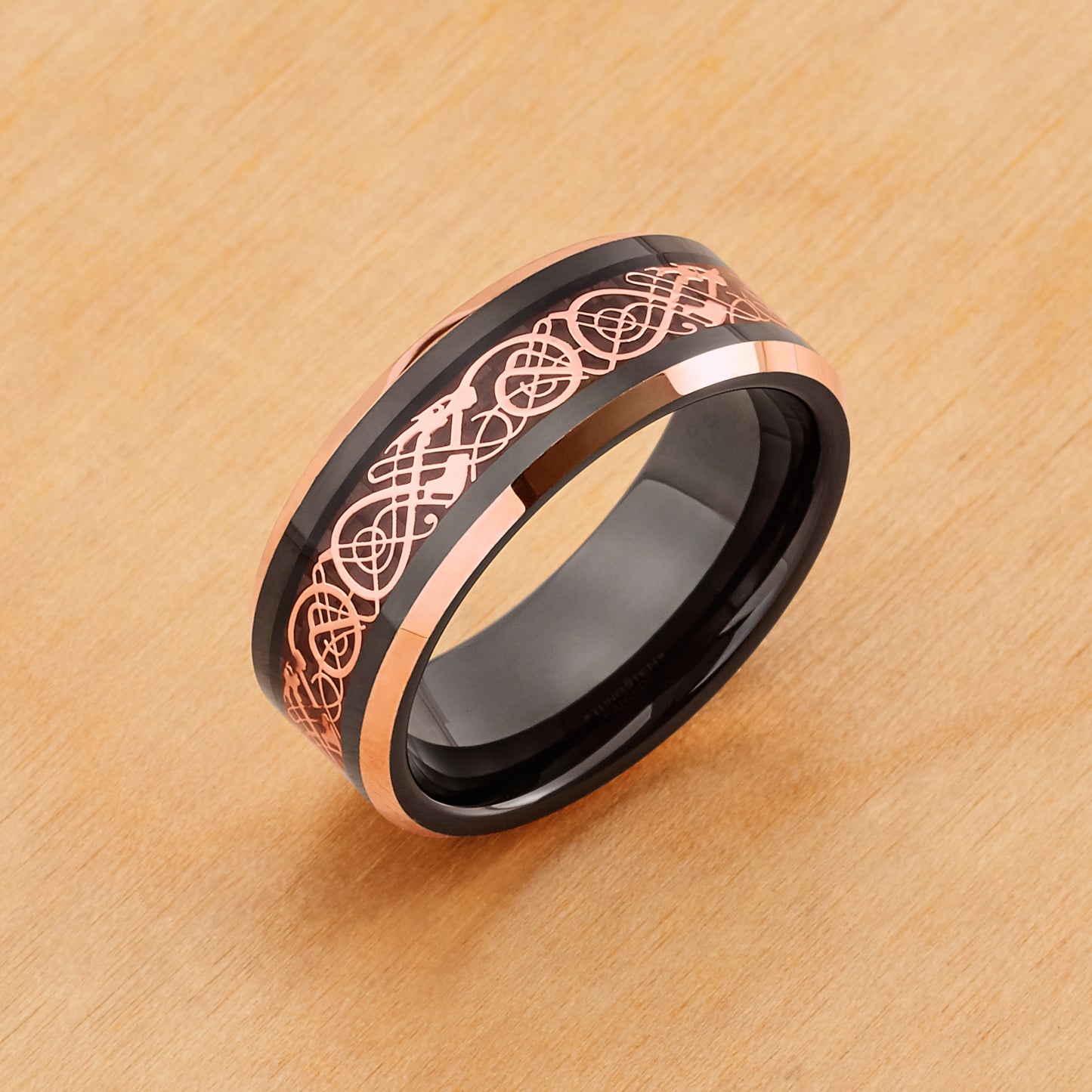 TR723 - Black Plating - Tungsten Ring 8mm, Two-tone Black and Rose Gold IP Plated Celtic Dragon Cut-Out Design Inlay and Beveled Edge