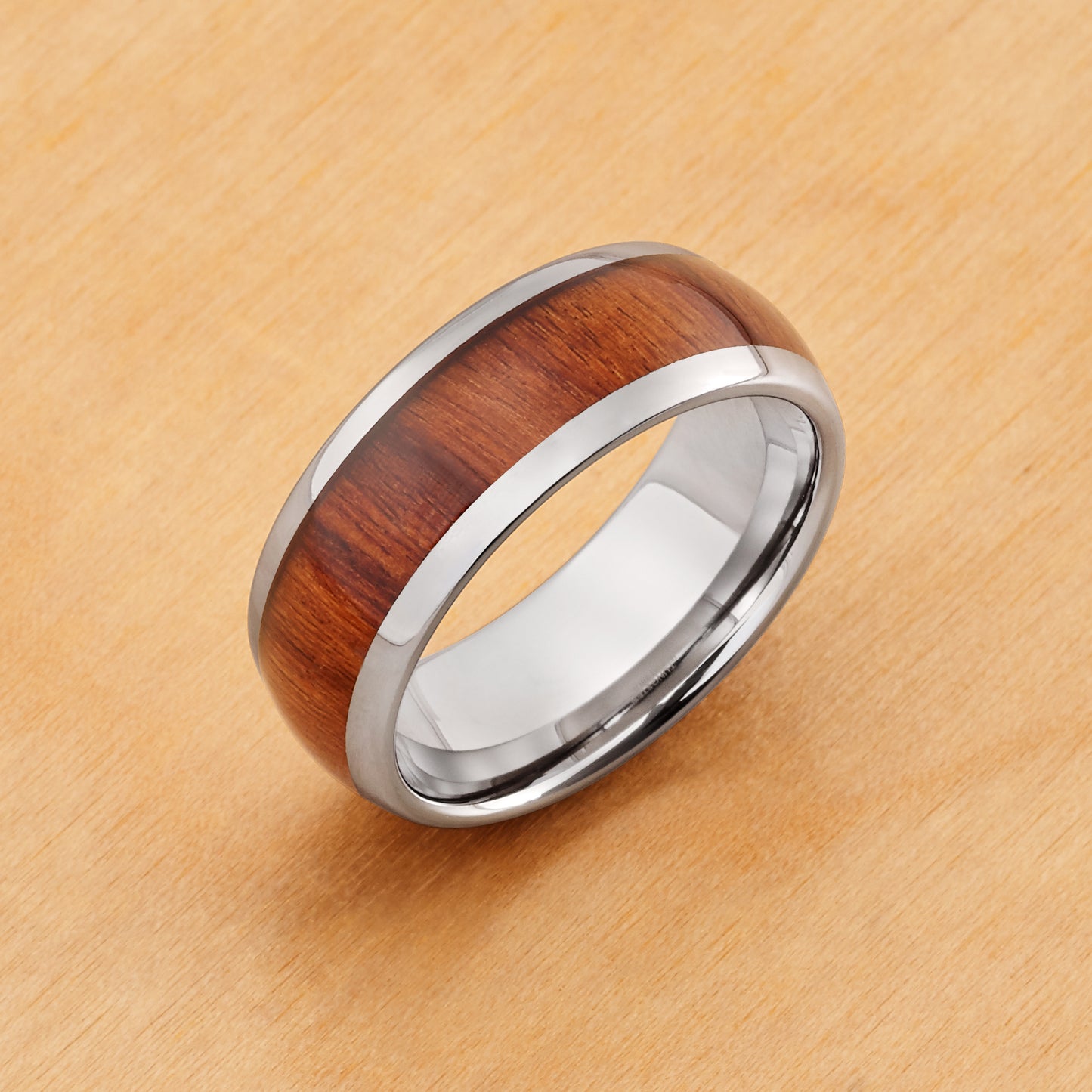 TR728 - Rhodium Plating - Tungsten Ring 8mm, High Polished Domed with Rosewood Inlay