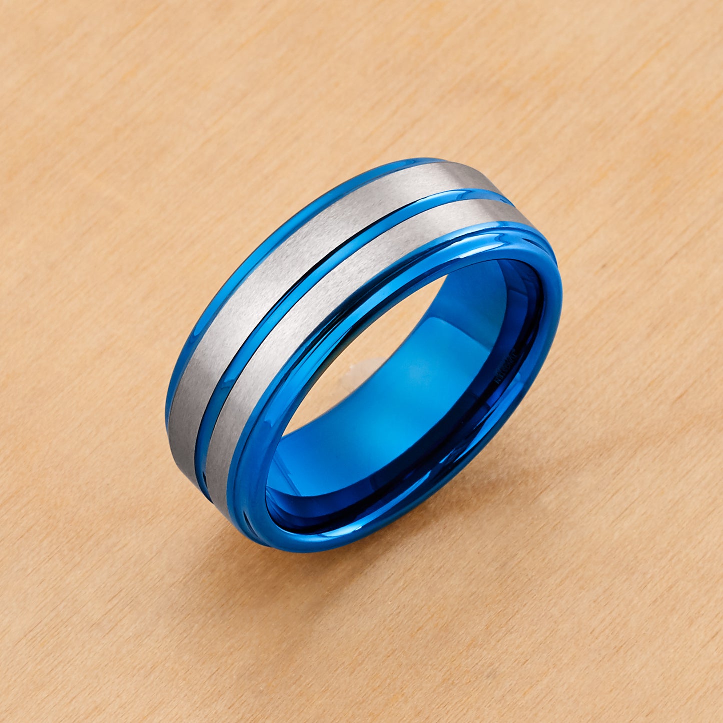 TR767 - Blue Plating - Tungsten Ring 8mm, Two-tone Blue IP Plated Center Grooved Brushed Finish Stepped Edge