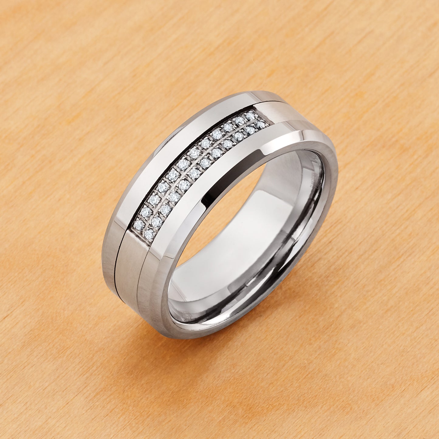 TR774 - Rhodium Plating - Tungsten Ring 8mm, Double Row Prong-set 24 Round CZs Band Brushed/Shiny Finish Low Beveled Edge