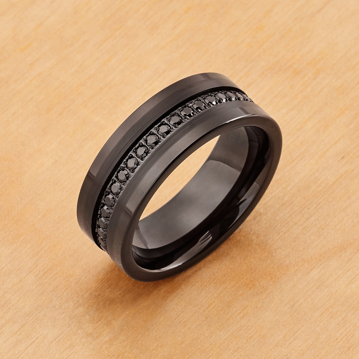 TR775 - Black Plating - Tungsten Ring 8mm, Prong-set Round Black CZs Eternity Band Black IP Plated Brush Finish Low Stepped Edge
