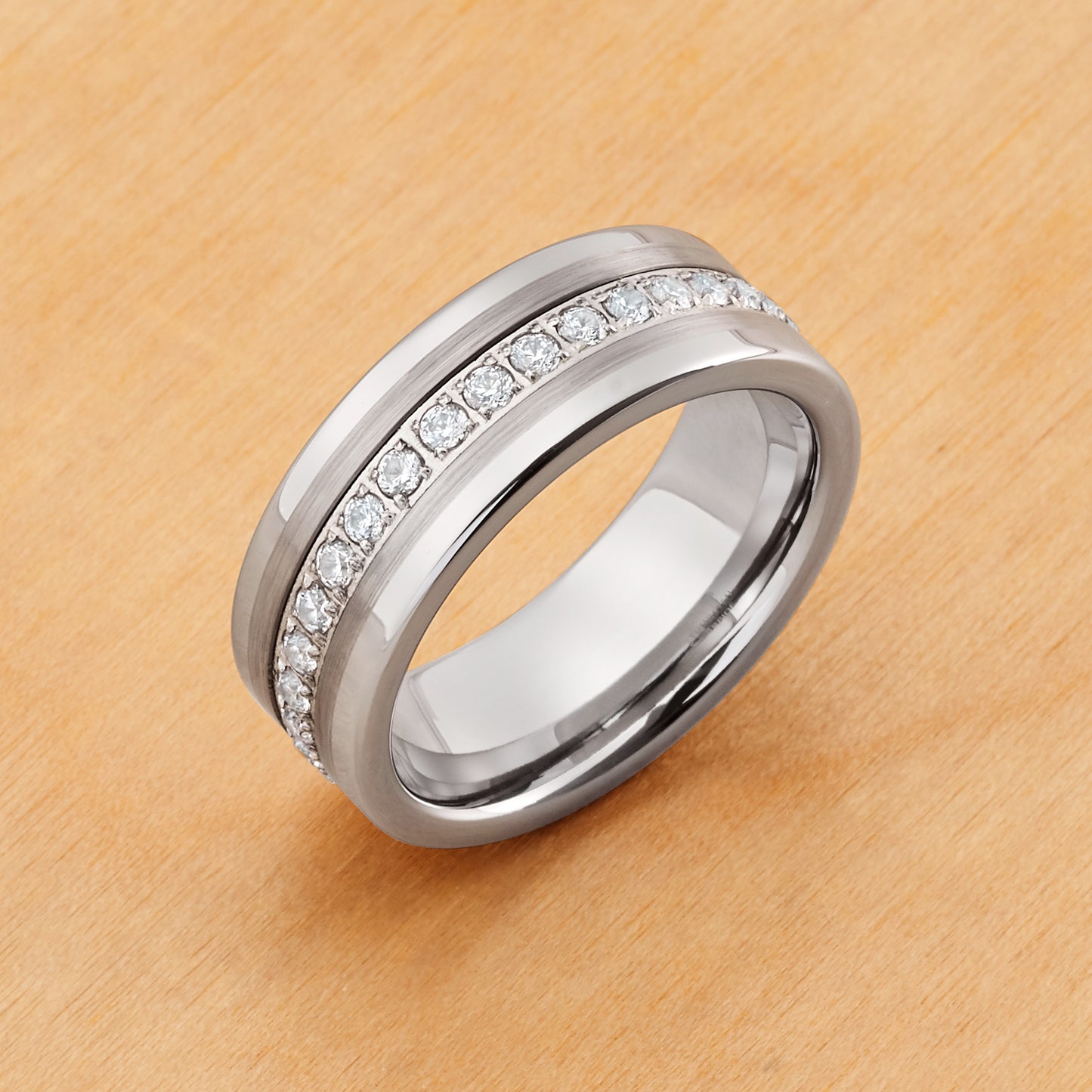 TR777 - Rhodium Plating - Tungsten Ring 8mm, Pipe-cut Brushed Center Prong-set Round-cut Cubic Zirconia Eternity