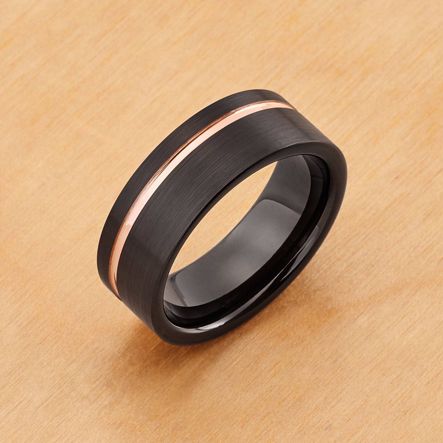 TR819 - Black Plating - Tungsten Ring 8mm, Black IP Brushed Pipe-cut with Off-center Rose Gold IP Groove