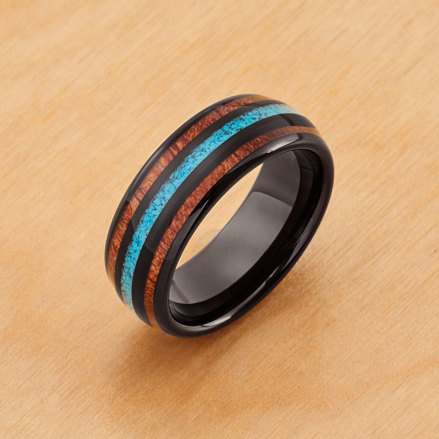 TR827 - Black Plating - Tungsten Ring 8mm, Black IP Plated with Koa Wood and Crushed Turquoise Inlay