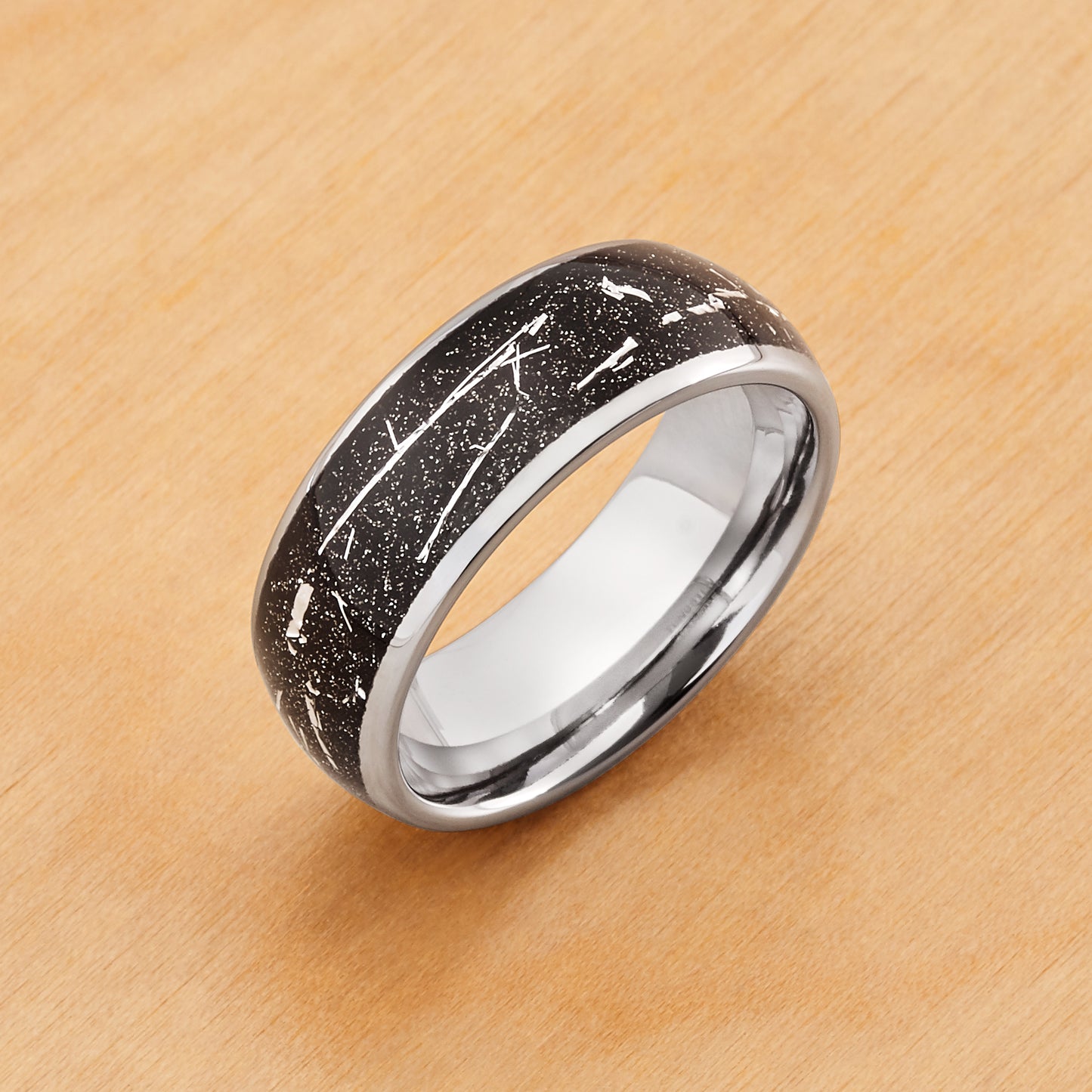 TR828 - Tungsten Ring 8mm, Domed Ring with Metallic Shavings on Black Carbon Fiber Inlay
