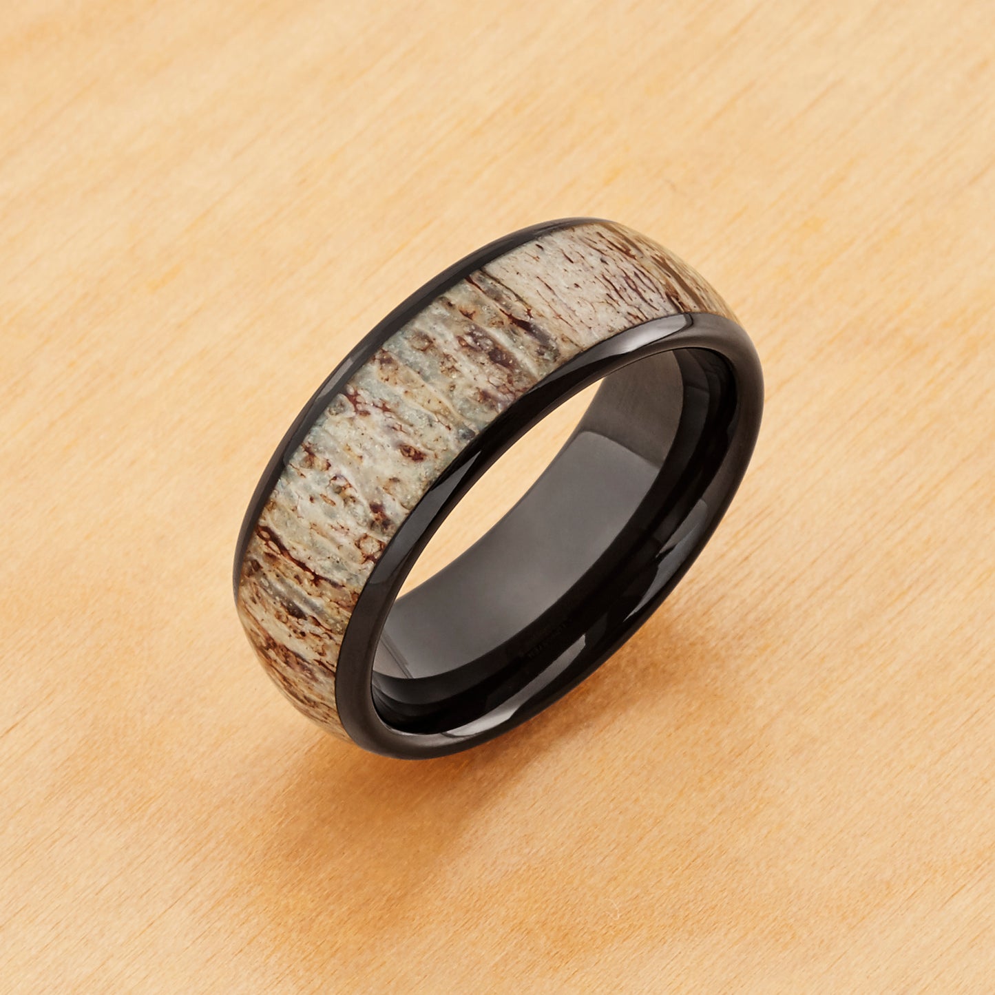 TR835 - Black Plating - Tungsten Ring 8mm, Domed Black IP Plated Real Deer Antler Inlay