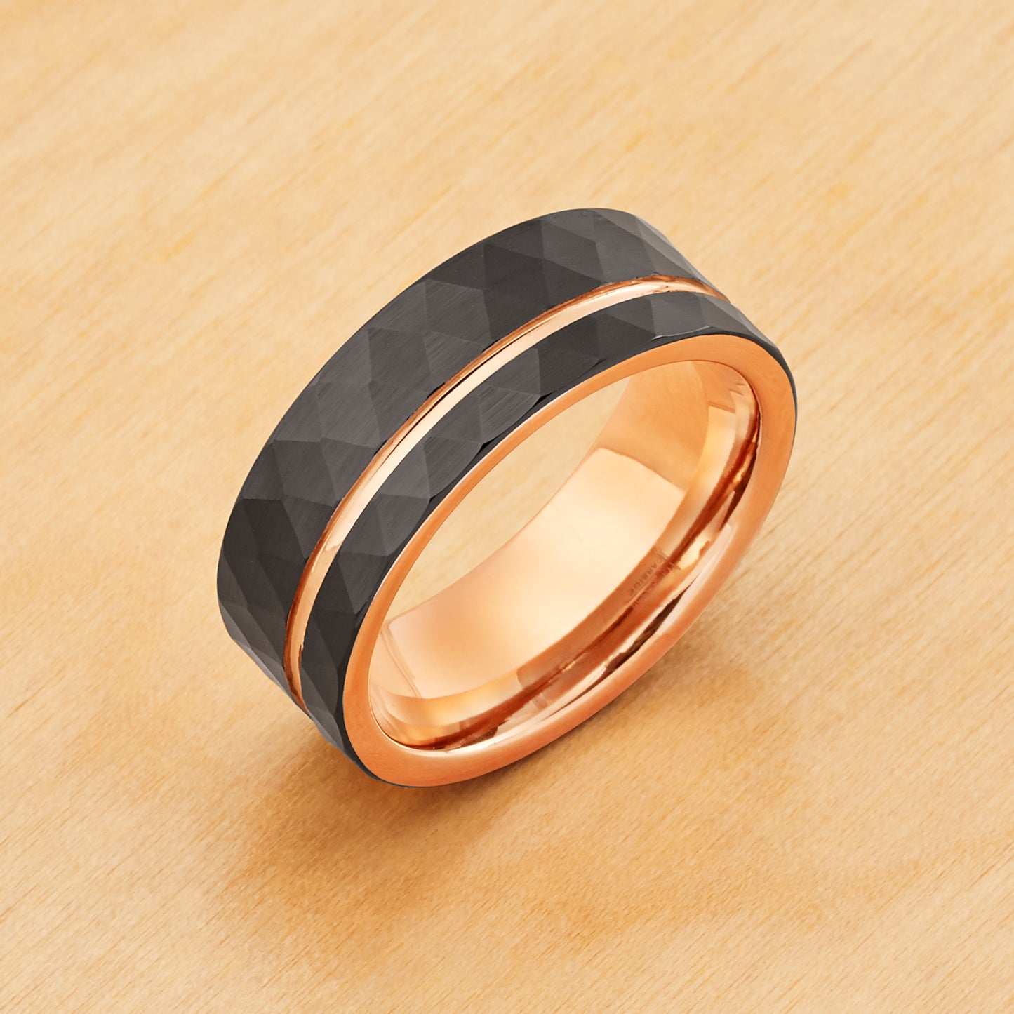 TR837 - Black Plating - Tungsten Ring 8mm, Rose Gold and Black IP Plated Faceted Groove