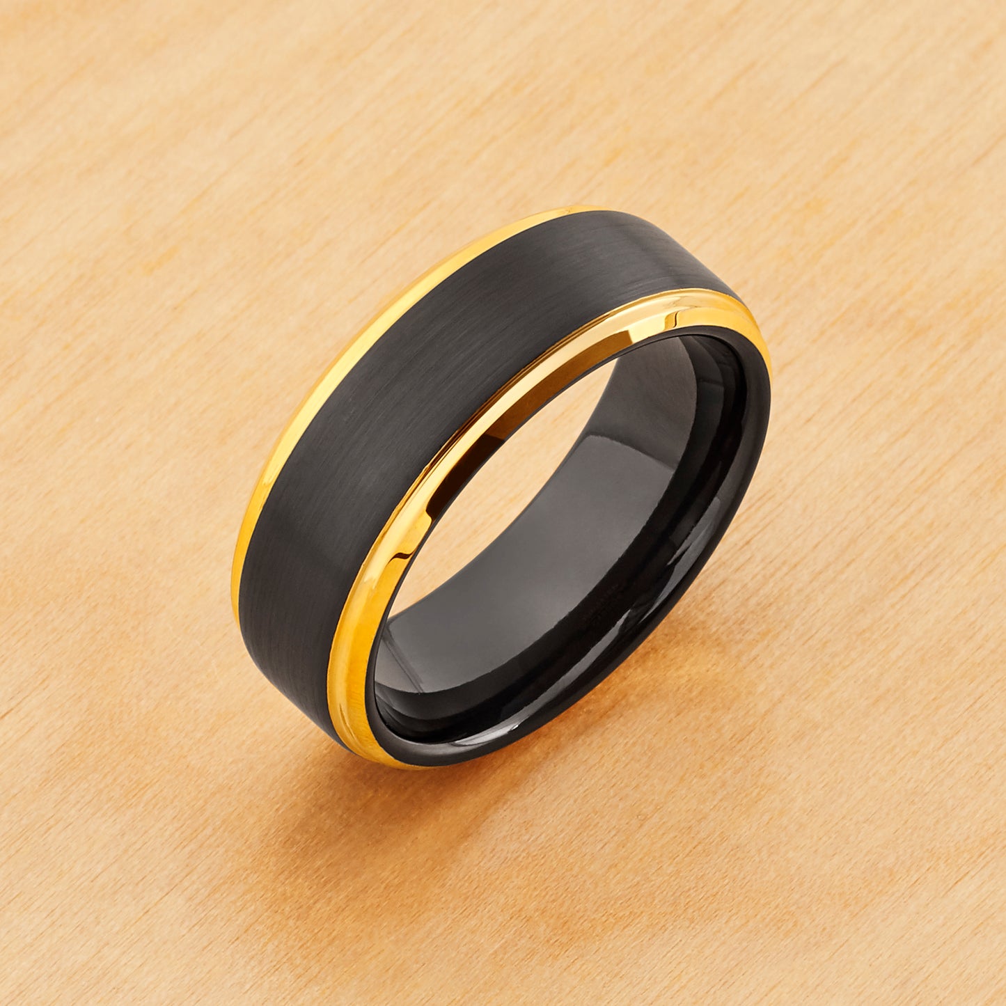 TR854 - Black Plating - Tungsten Ring 8mm, Two-tone Black and Yellow Gold IP Brushed Center Stepped Edge