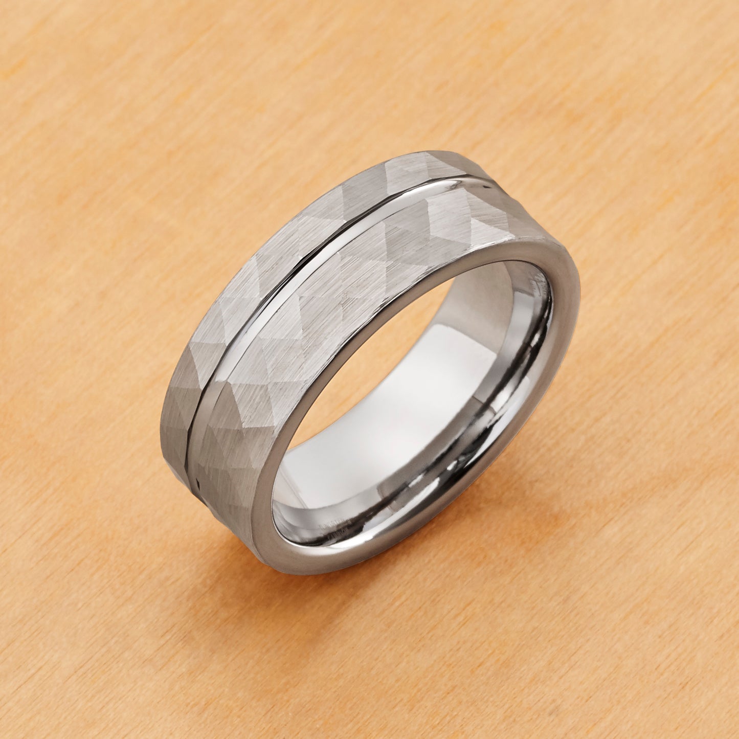TR856 - Rhodium Plating - Tungsten Ring 8mm, Faceted Ring with Off-center Groove
