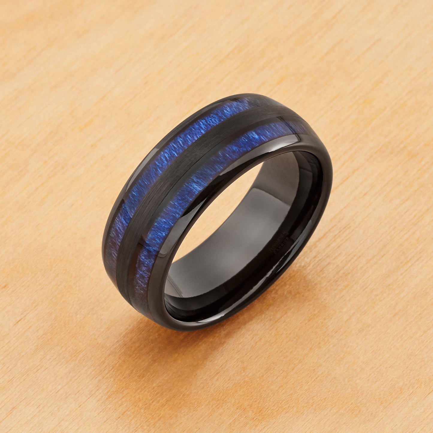 TR870 - Black Plating - Tungsten Ring 8mm, Black IP and Exotic Blue Wood Inlay