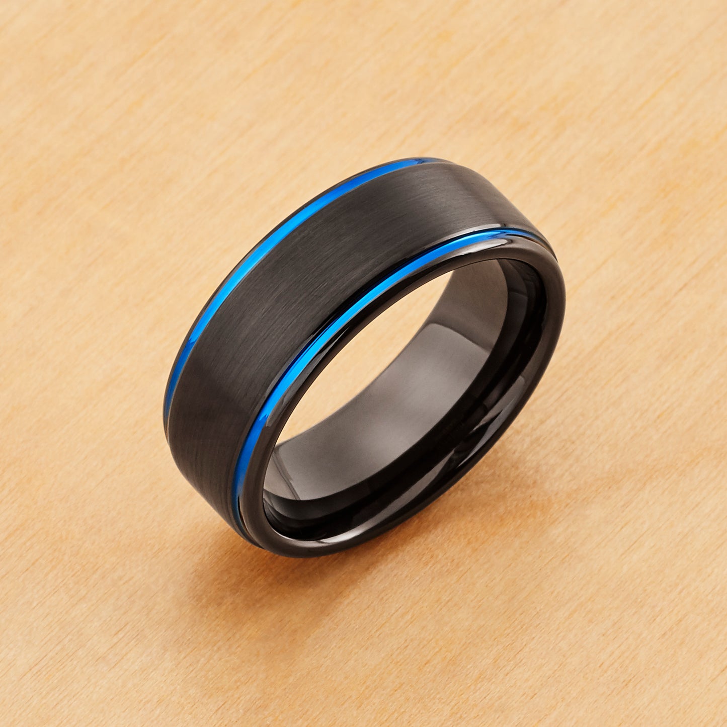 TR901 - Black Plating - Tungsten Ring 8mm, Black Outside, Blue Inside IP Plated Brushed Finish Stepped Edge