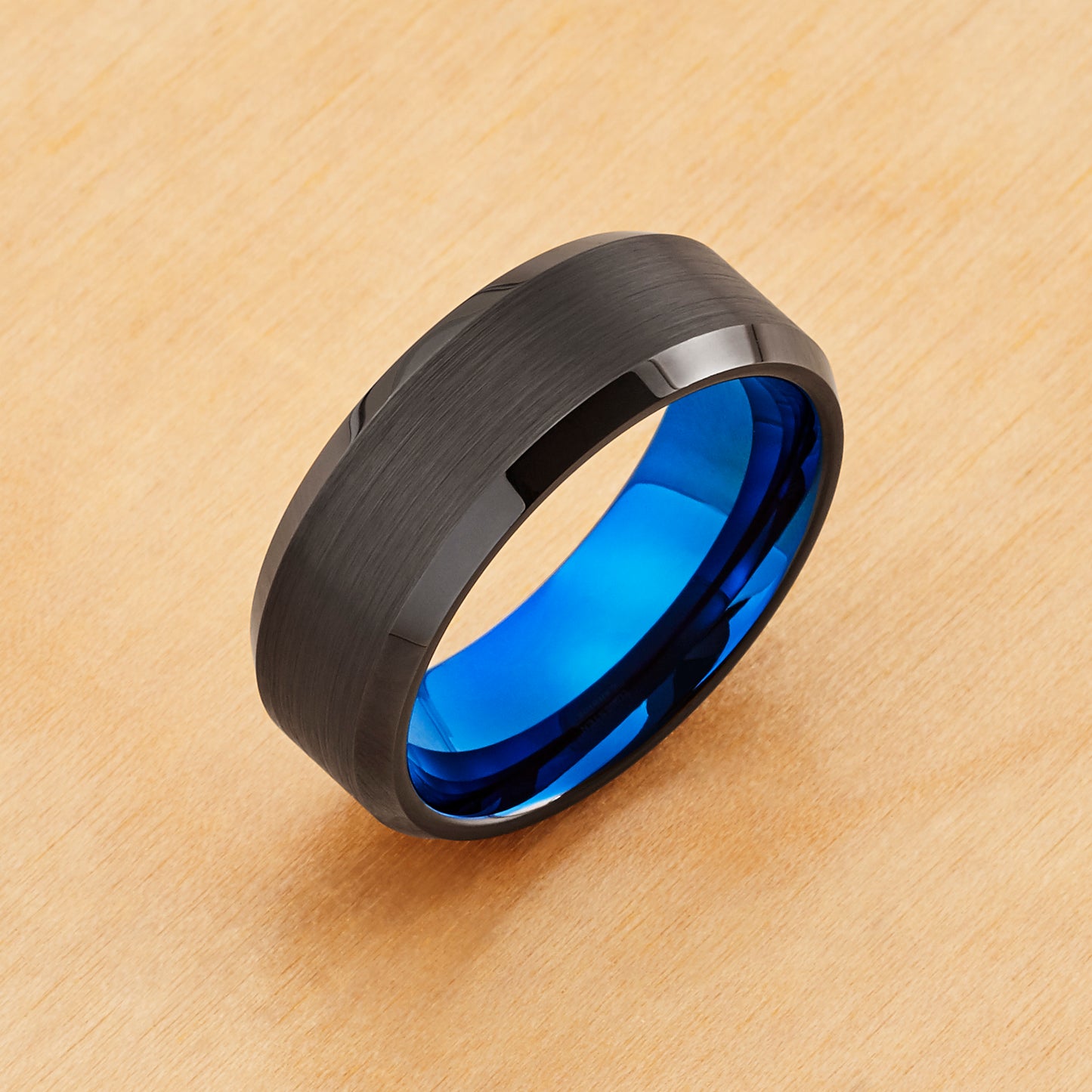 TR904 - Black Plating - Tungsten Ring 8mm, Black Outside, Blue Inside IP Plated Brushed Finish Beveled Edge