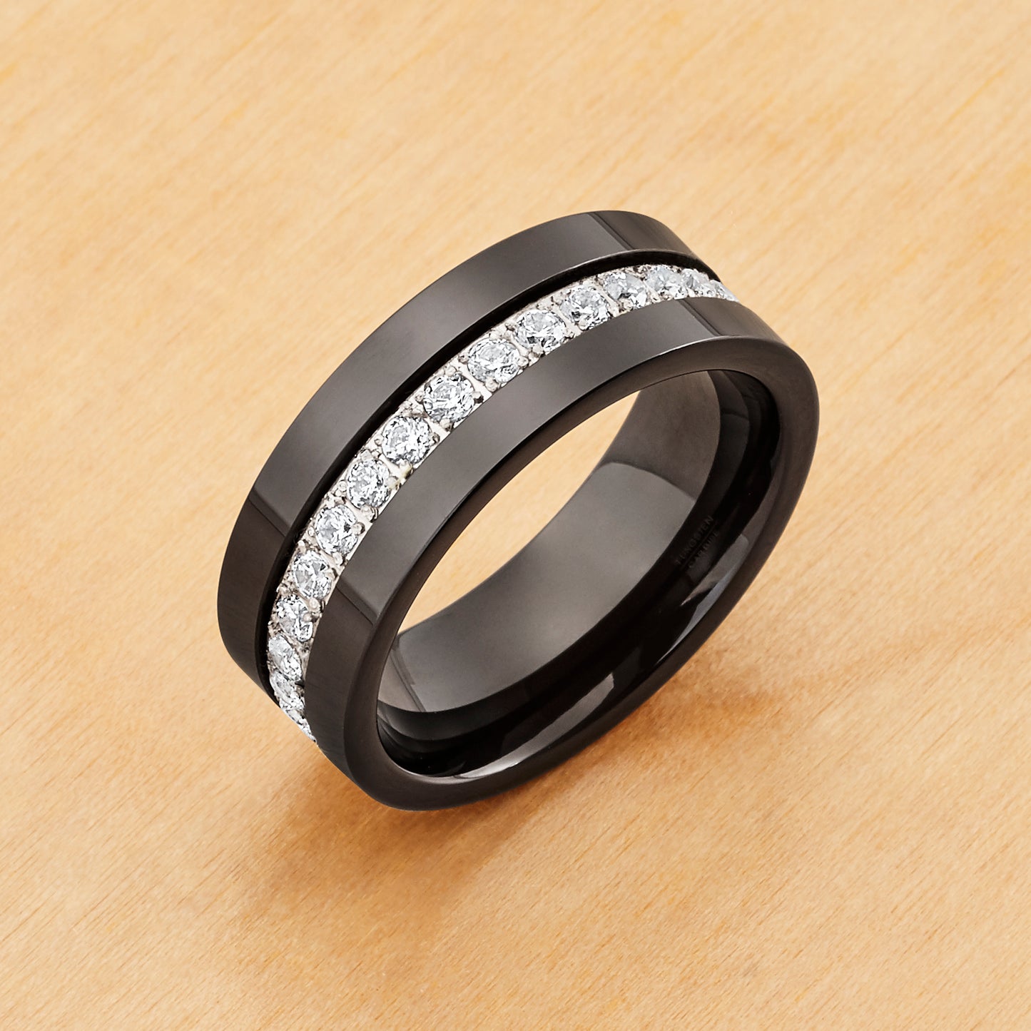 TR992 - Black Plating - Tungsten Ring 8mm, Black IP Plated Prong-set Round cut White CZ Eternity