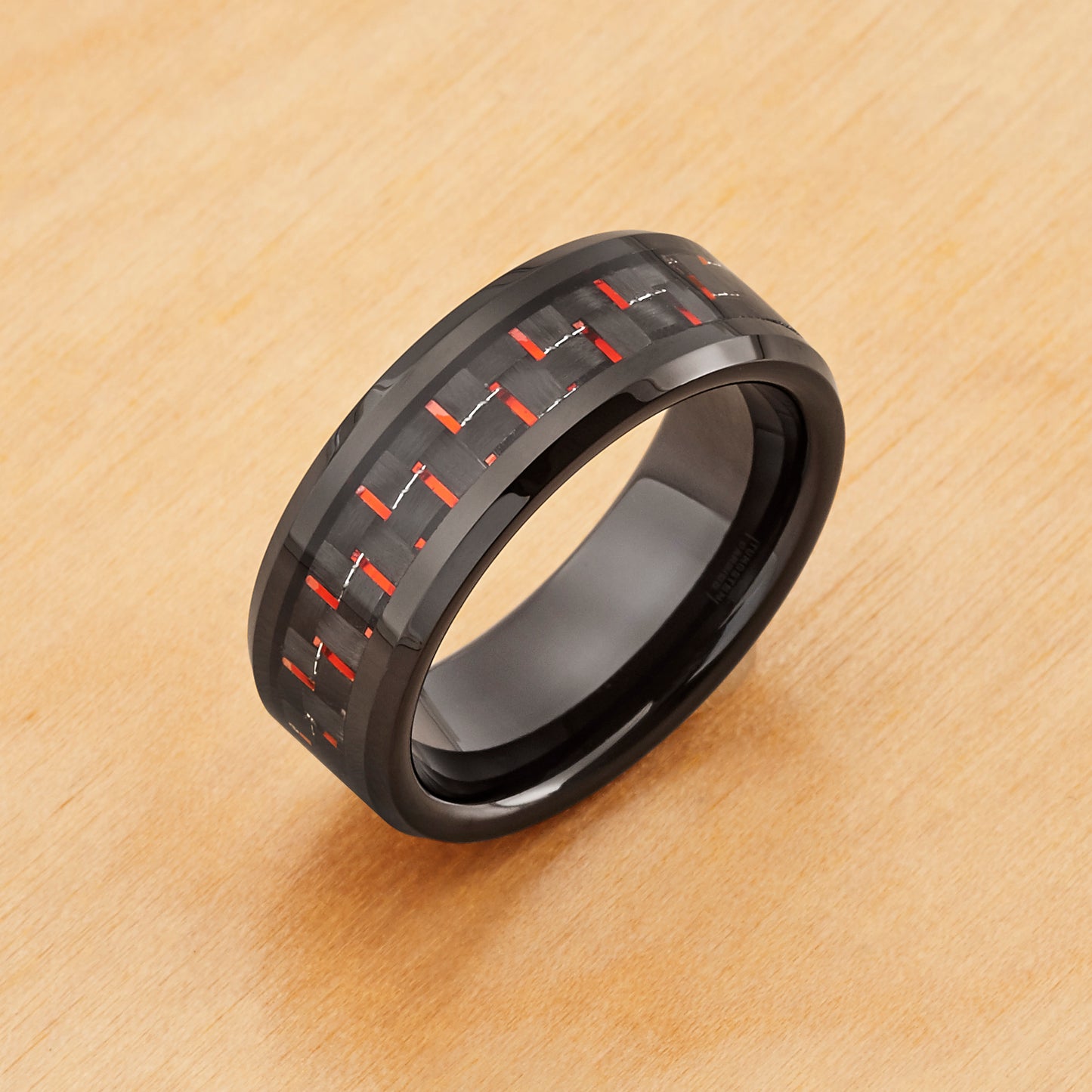 TR993 - Black Plating - Tungsten Ring 8mm, Black IP Plated with Red and Black Carbon Fiber Inlay