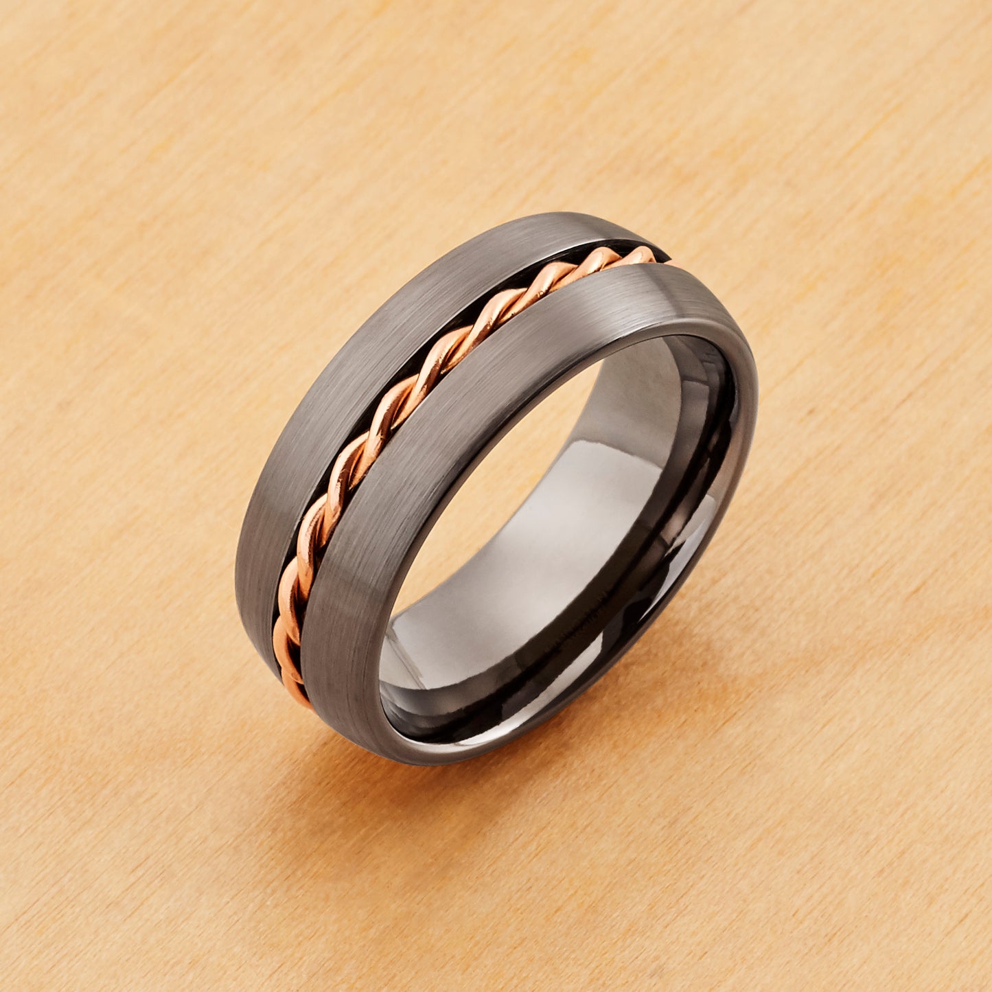 TR999 - Tungsten Ring 8mm, Dome Brushed Gun Metal Rose Gold Rope Inlay