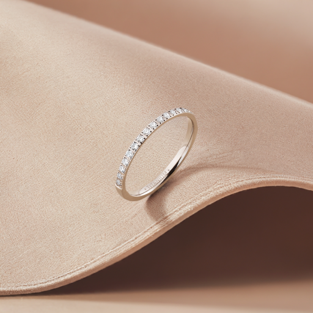 TI010 - Rhodium IP Titanium 2mm Wedding Band Half Eternity White CZ