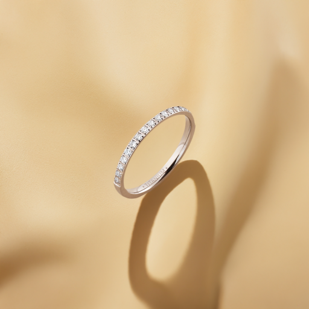TI010 - Rhodium IP Titanium 2mm Wedding Band Half Eternity White CZ