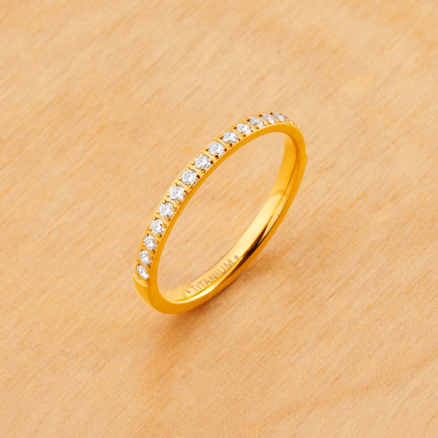 TI011 - Gold IP Titanium 2mm Wedding Band Half Eternity White CZ