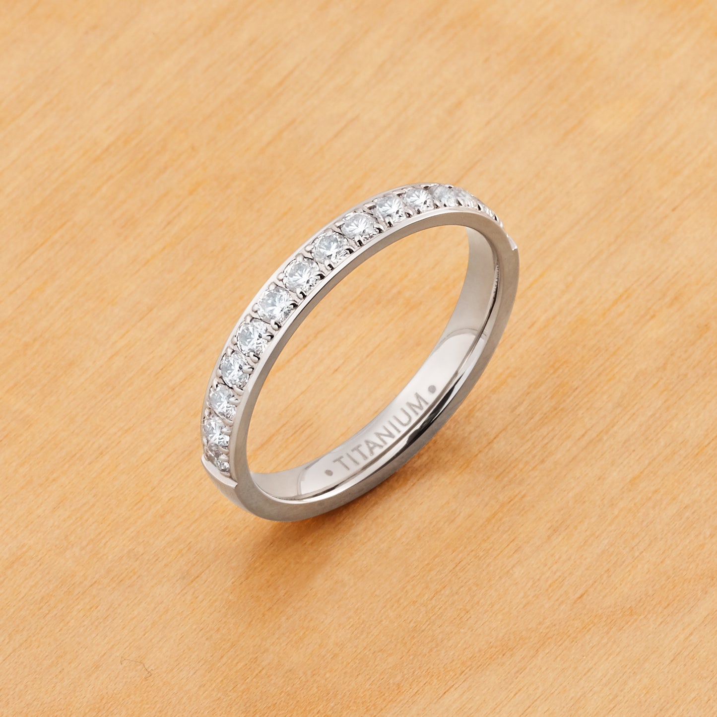 TI016 - Rhodium IP Titanium 3mm Wedding Band Half Eternity White CZ