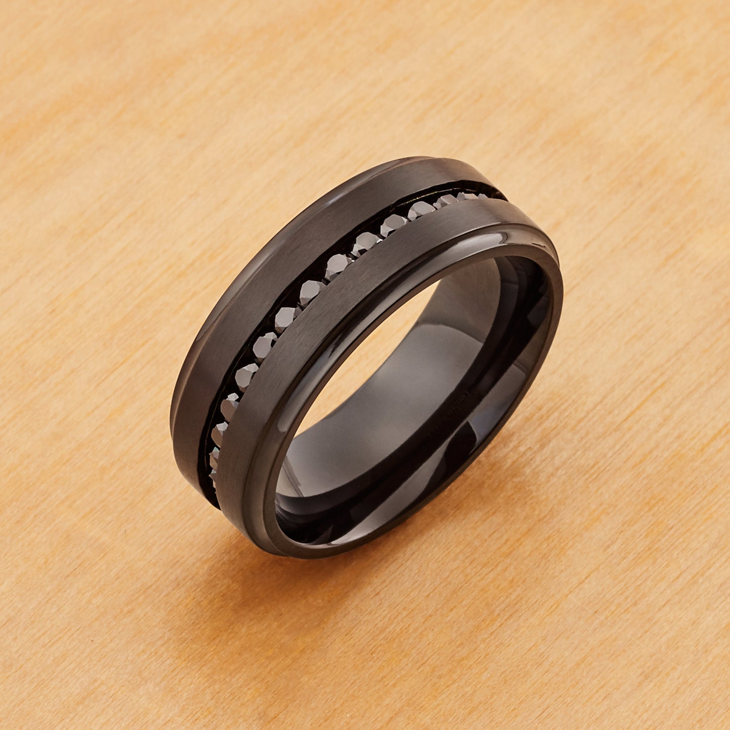 TI566 - Black Plated IP Titanium 8mm, Beveled Edge Black CZ Eternity Band