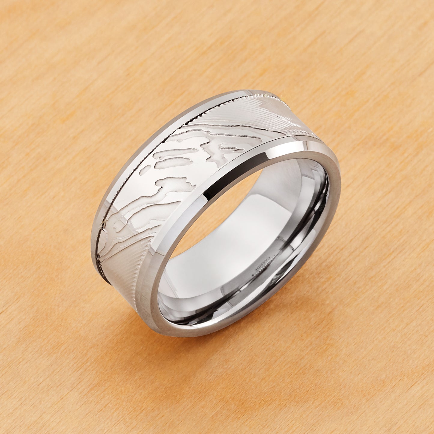 TR601 - Rhodium Plating - Tungsten Ring 9mm, Laser Carved Wood Grain Pattern/Mokume Gane EEffect High Polished Low Beveled Edge
