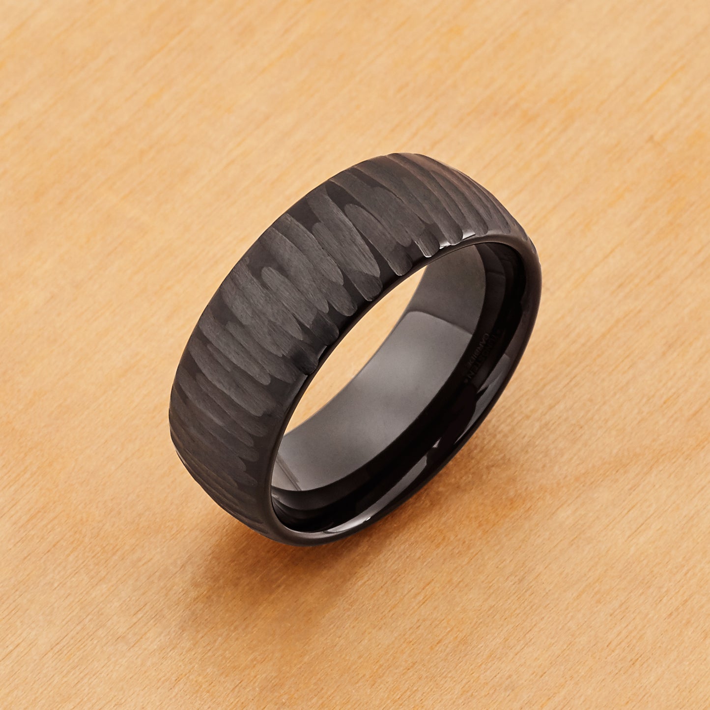 TR606 - B'lack Plating - Tungsten Ring 8mm, Black IP Plated Semi Domed Ring with Tree Bark Carved Textured Finish