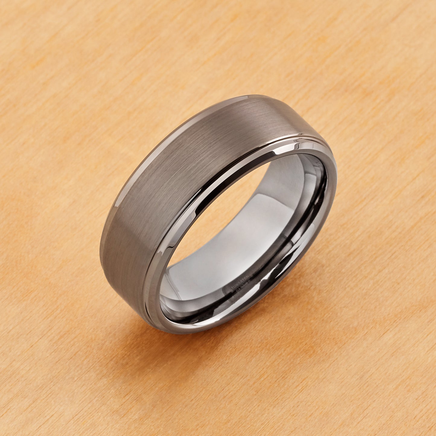 TR616 - Tungsten Ring 8mm, Gun Metal IP Plated Brushed Center High Polish Stepped/Beveled Edge