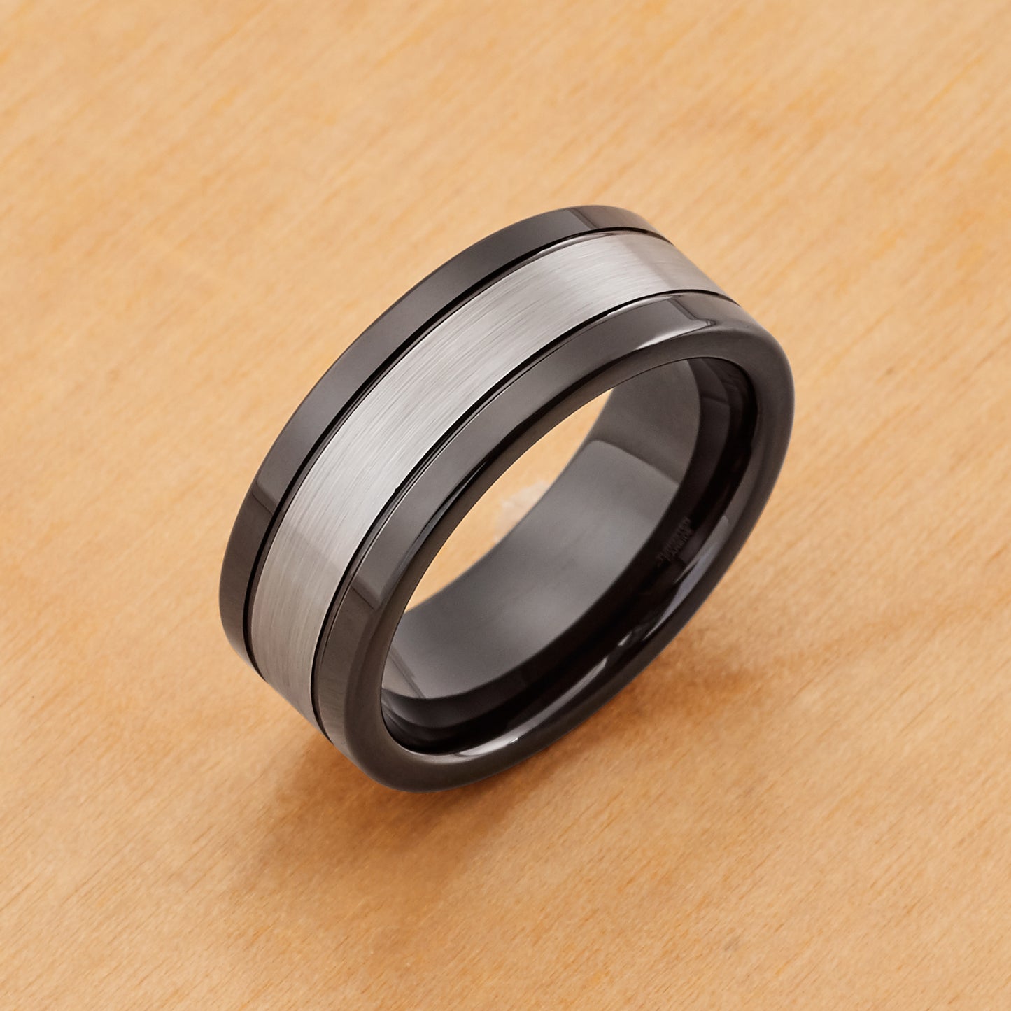 TR660 - Tungsten Ring 8mm, High Polished Shiny Black IP Plated Sides Dark Gray Brushed Center