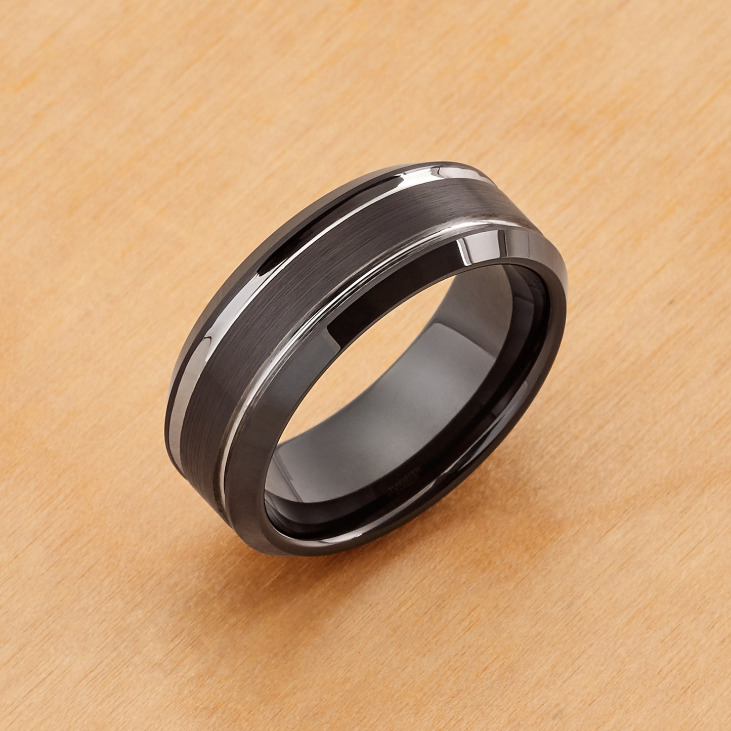 TR672 - Tungsten Ring 8mm, Two-tone Black IP Brushed Center Steel Color Stepped Edge