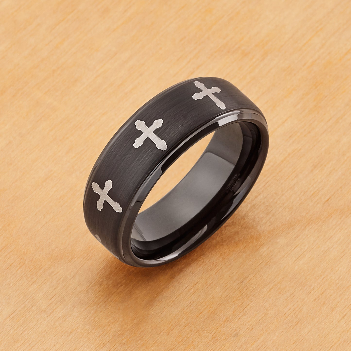 TR689 - Tungsten Ring 8mm, Black IP Plated Flat Brushed Center with 8 Laser Engraved Crosses