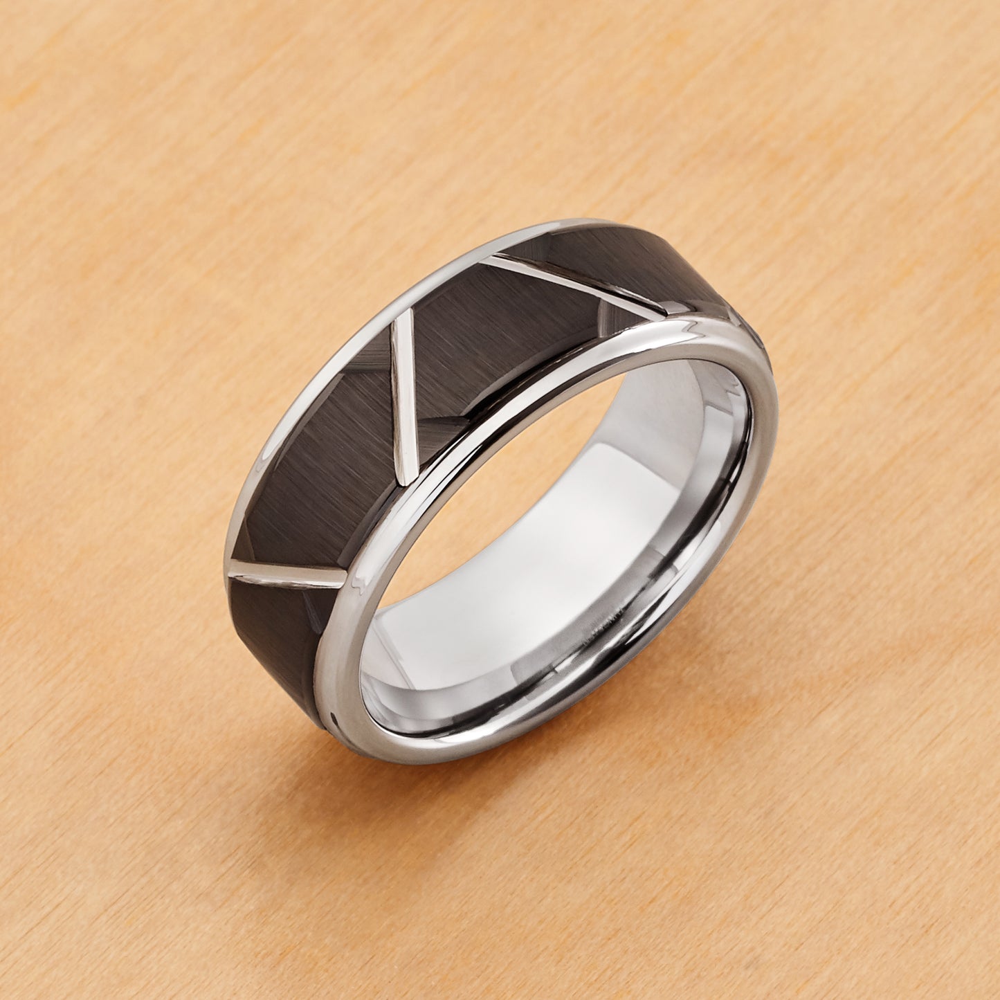 TR700 - Rhodium Plating - Tungsten Ring 8mm, Two-tone Brushed Black IP Plated Trapezoid High Polished Outlines