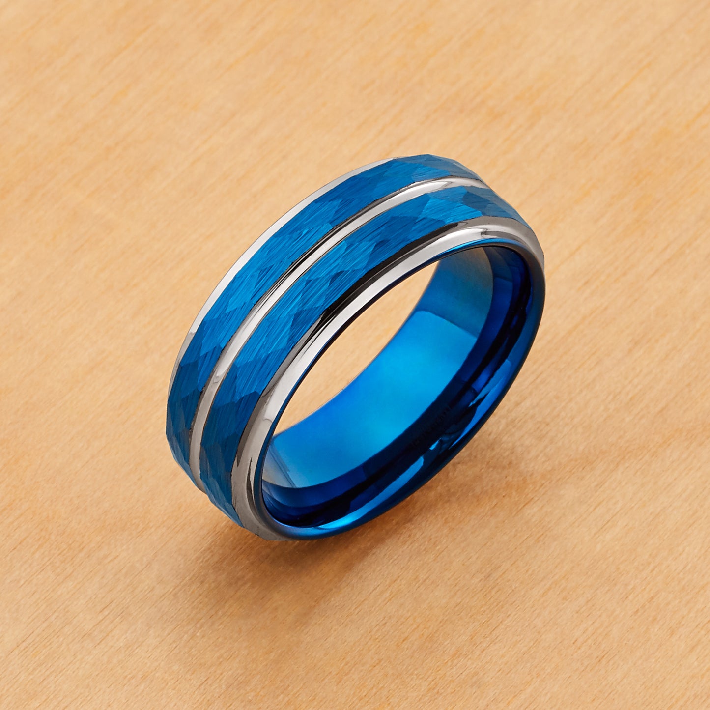 TR704 - Blue Plating - Tungsten Ring 8mm, Two-tone Blue IP Plated Hammered Finish High Polished Stepped/Beveled Edge