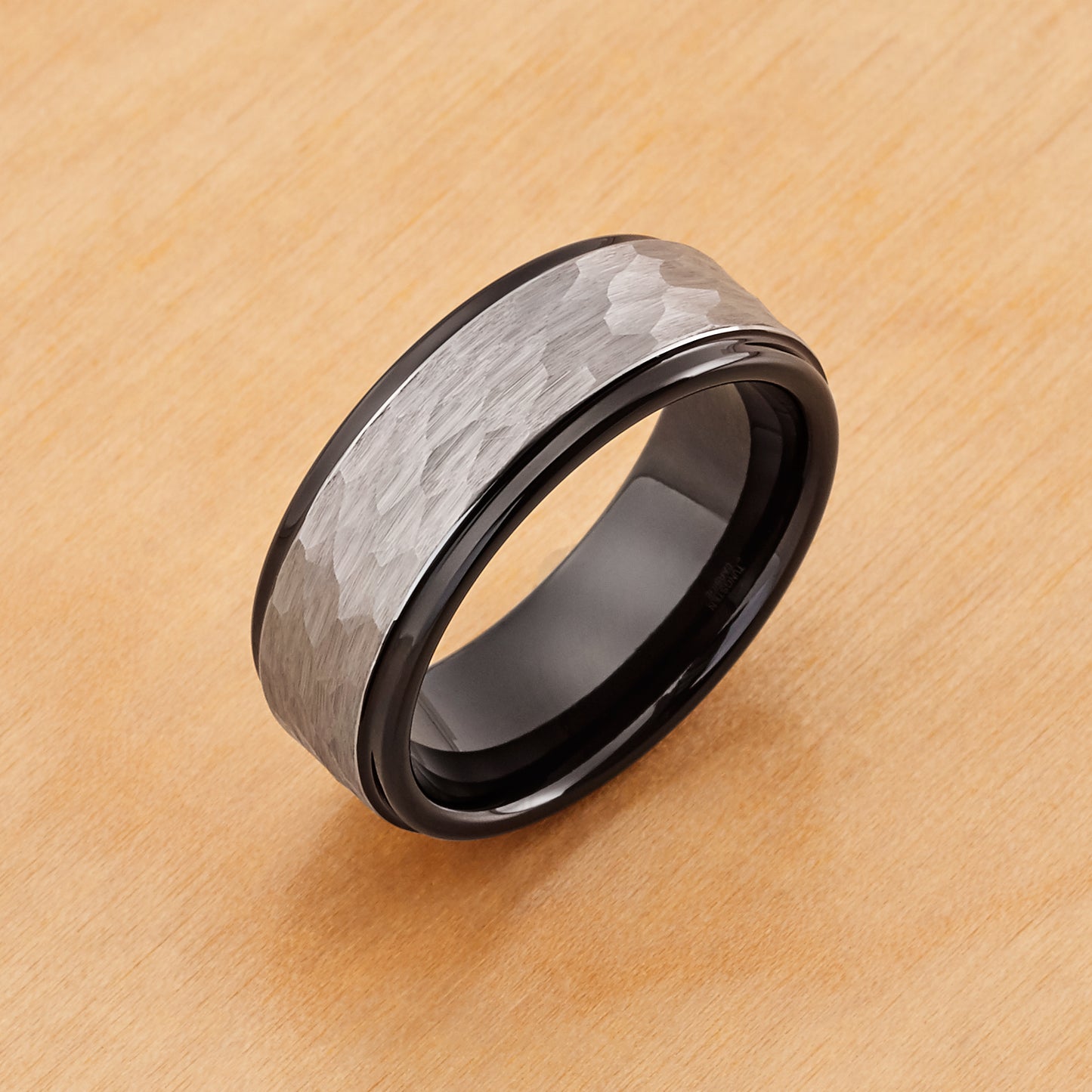 TR708 - Black Plating - Tungsten Ring 8mm, Two-tone Hammered Gun Metal Brushed Finish Black IP Inner Ring Stepped Edge