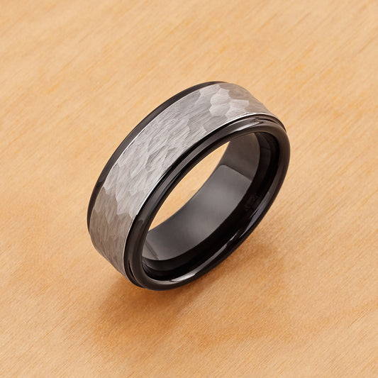 TR708 - Black Plating - Tungsten Ring 8mm, Two-tone Hammered Gun Metal Brushed Finish Black IP Inner Ring Stepped Edge