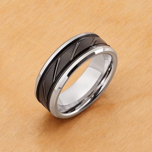 TR714 - Rhodium Plating - Tungsten Ring 8mm, Two-tone Black IP Center with Diagonal Grooves
