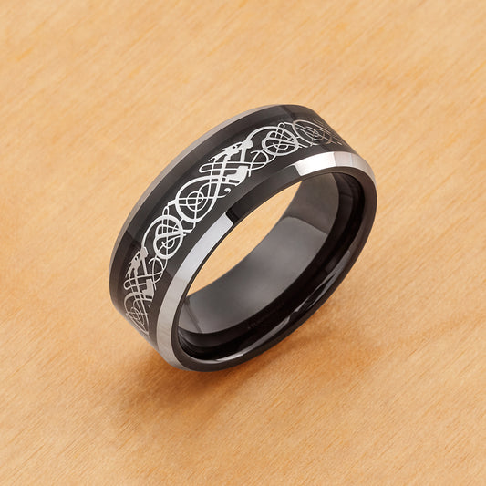 TR721 - Black Plating - Tungsten Ring 8mm, Black IP Stainless Steel Celtic Cut-Out Design Inlay and Beveled Edge