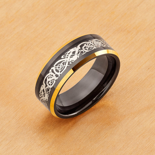 TR722 - Black Plating - Tungsten Ring 8mm, Two-tone Black and Yellow Gold Ip Plated Celtic Cut-Out Design Inlay and Beveled Edge