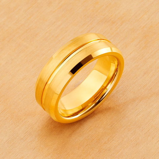 TR724 - Yellow Plating - Tungsten Ring 8mm, Yellow Gold IP Plated Grooved Center Brushed Beveled Edge