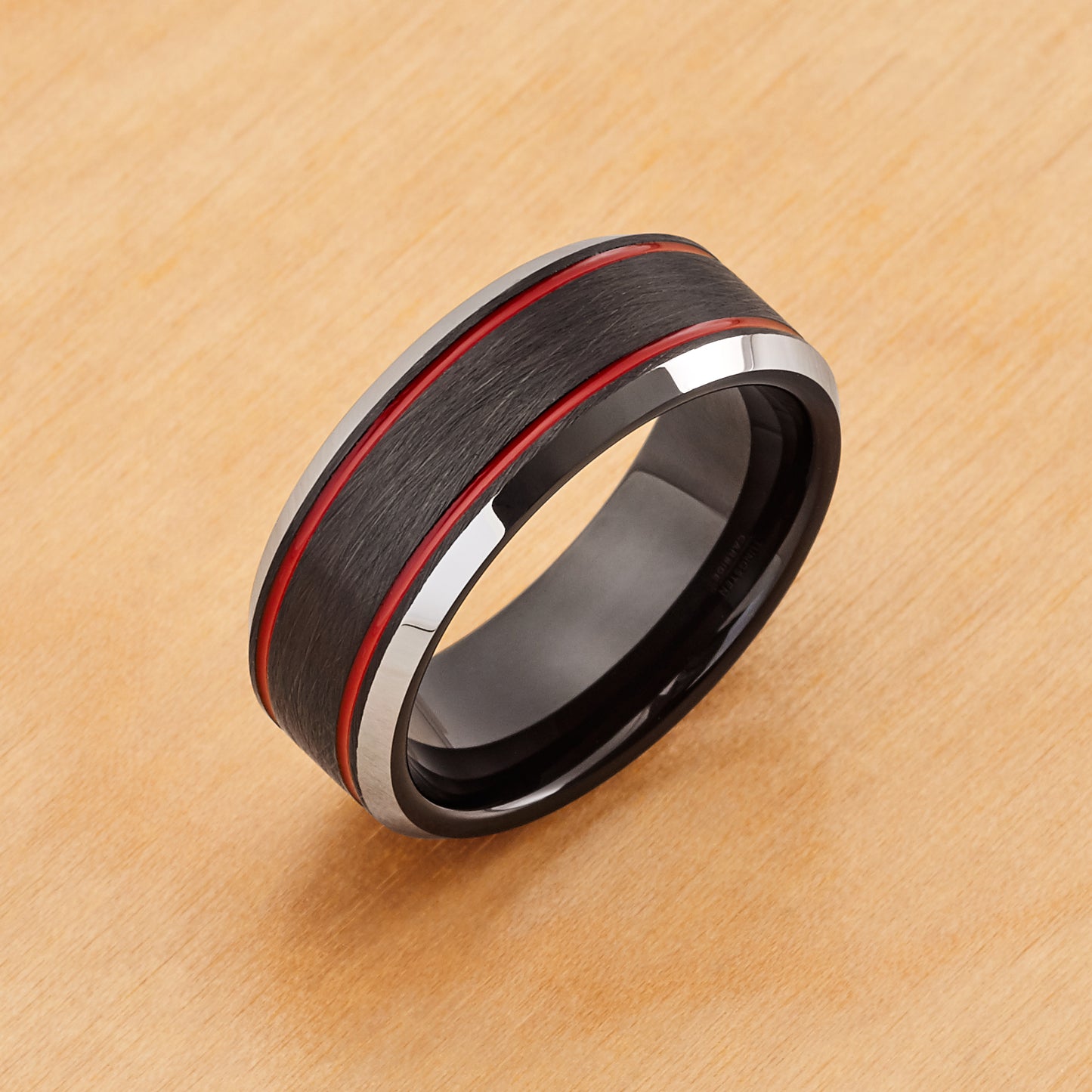 TR745 - Tungsten Ring 8mm, Charcoal Gray IP Plated Ice Finish with 2 Red Stripes on 2 sides, Beveled Edge