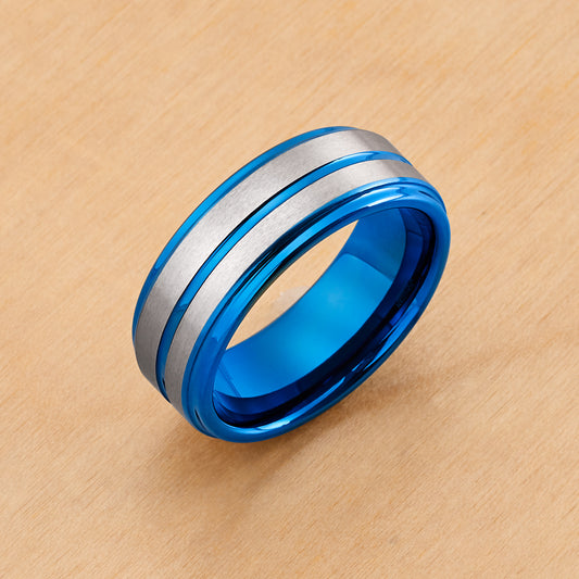 TR767 - Blue Plating - Tungsten Ring 8mm, Two-tone Blue IP Plated Center Grooved Brushed Finish Stepped Edge