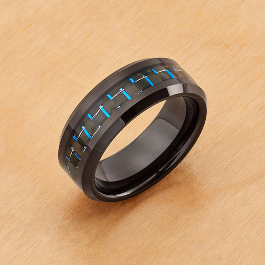 TR770 - Black Plating - Tungsten Ring 8mm, Beveled Edge Black IP Plated with Blue and Black Carbon Fiber Inlay
