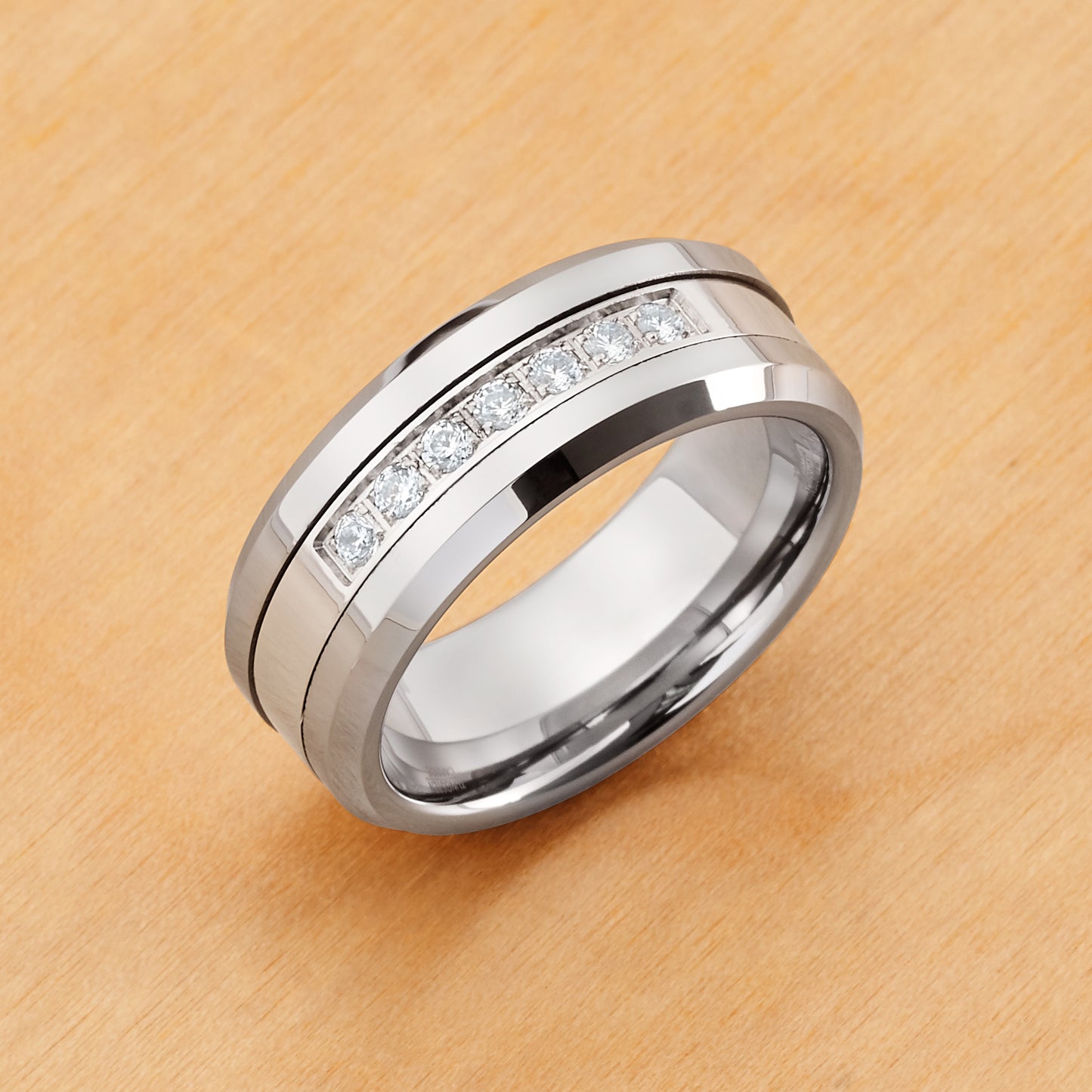 TR772 - Rhodium Plating - Tungsten Ring 8mm, High Polished Beveled Edge with Prong-set 7 Round CZs