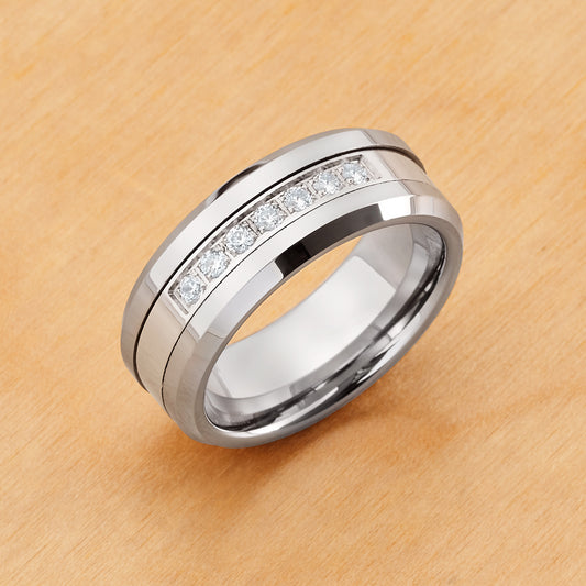 TR772 - Rhodium Plating - Tungsten Ring 8mm, High Polished Beveled Edge with Prong-set 7 Round CZs