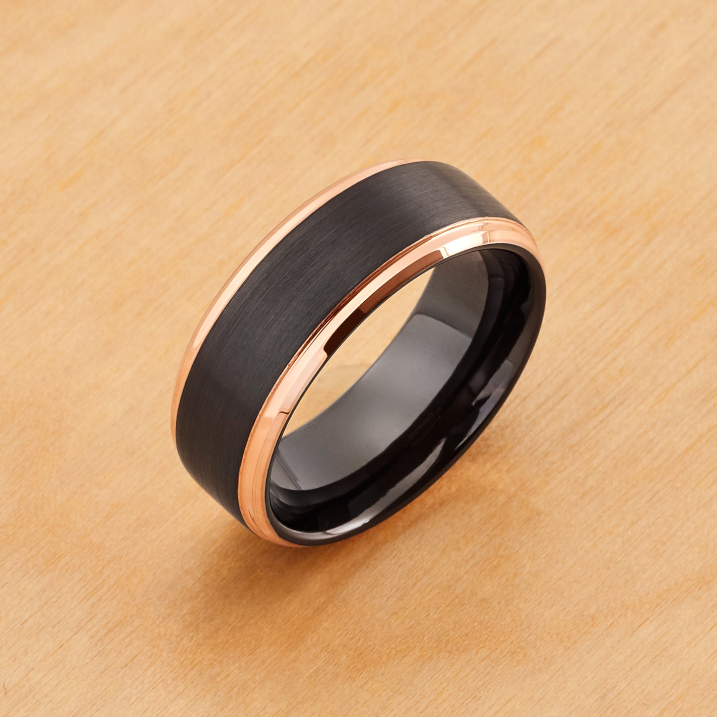 TR779 - Black Plating - Tungsten Ring 8mm, Two-tone Black IP Rose Gold IP Brushed Center Stepped Edge