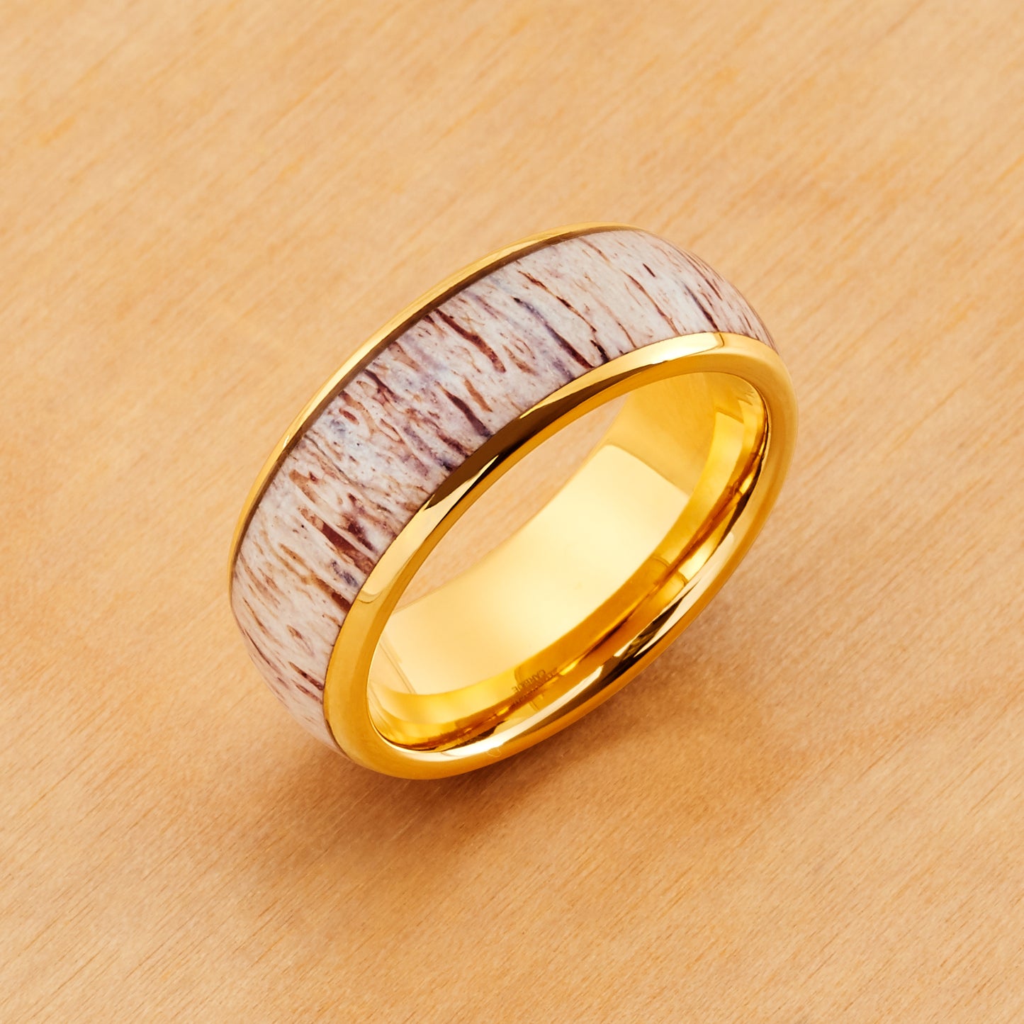 TR833 - Yellow Plating - Tungsten Ring 8mm, Dome Yellow Gold IP Plated Real Deer Antler Inlay