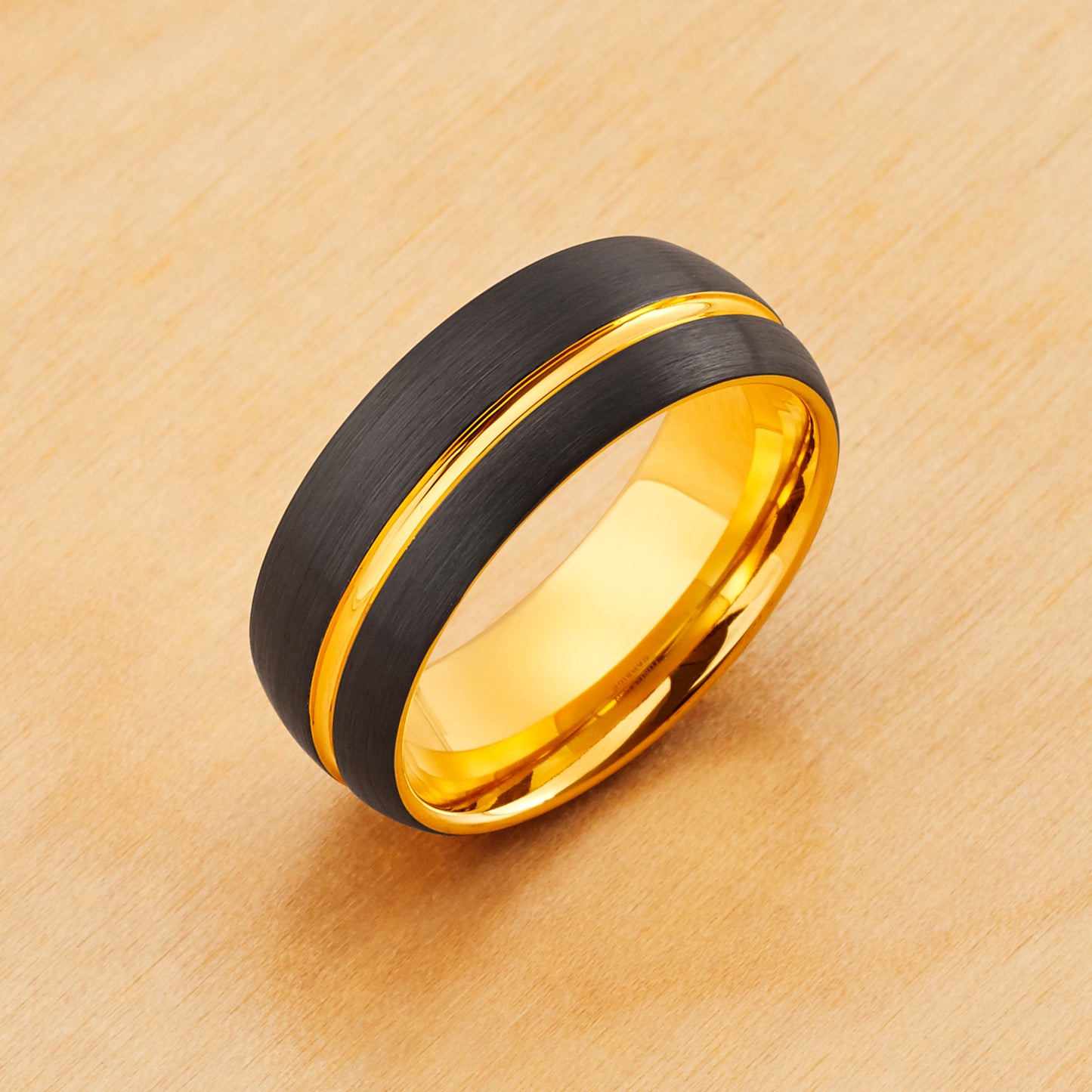TR872 - Yellow and Black Plating - Tungsten Ring 8mm, Two-tone Brushed Yellow Gold and Black IP Plated Groove