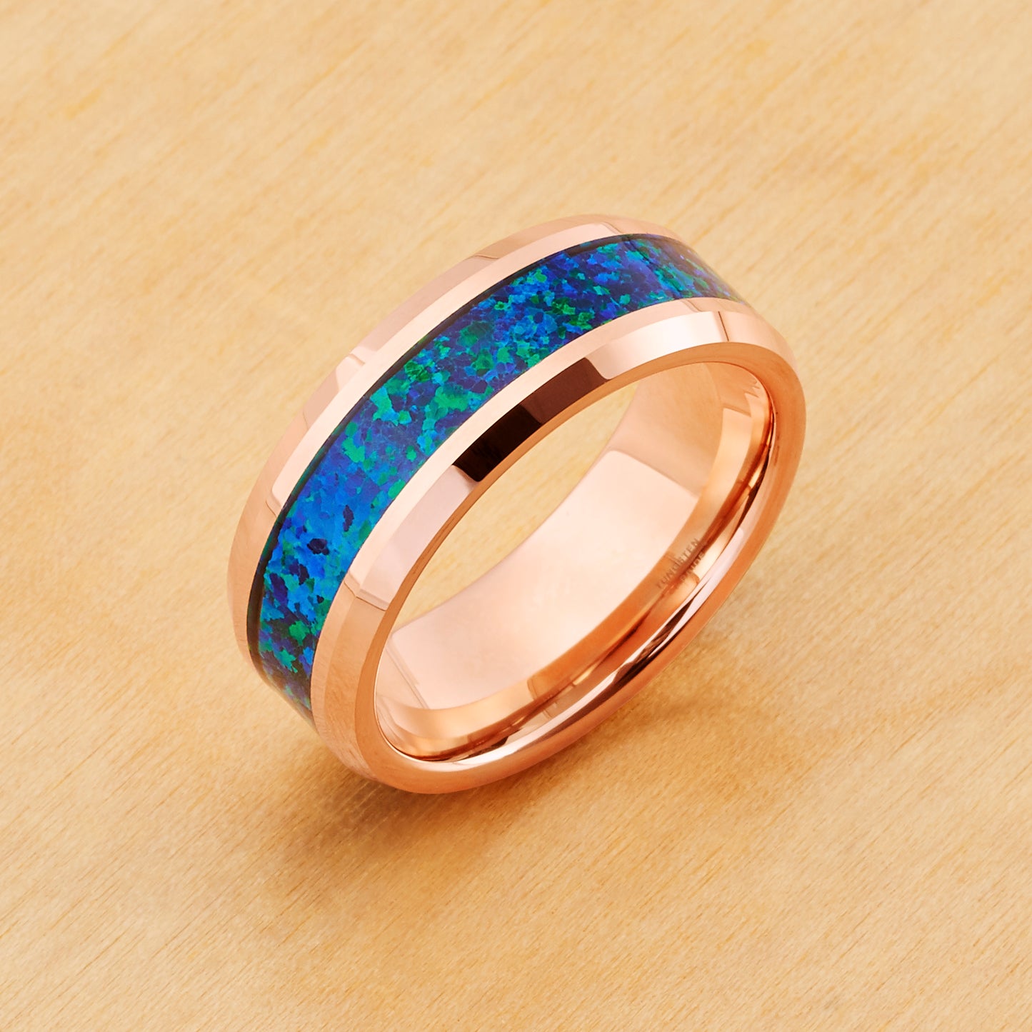 TR881 - Rose Gold Plating - Tungsten Ring 8mm, Rose Gold IP Plated with Synthetic Emerald-Green Opal Inlay