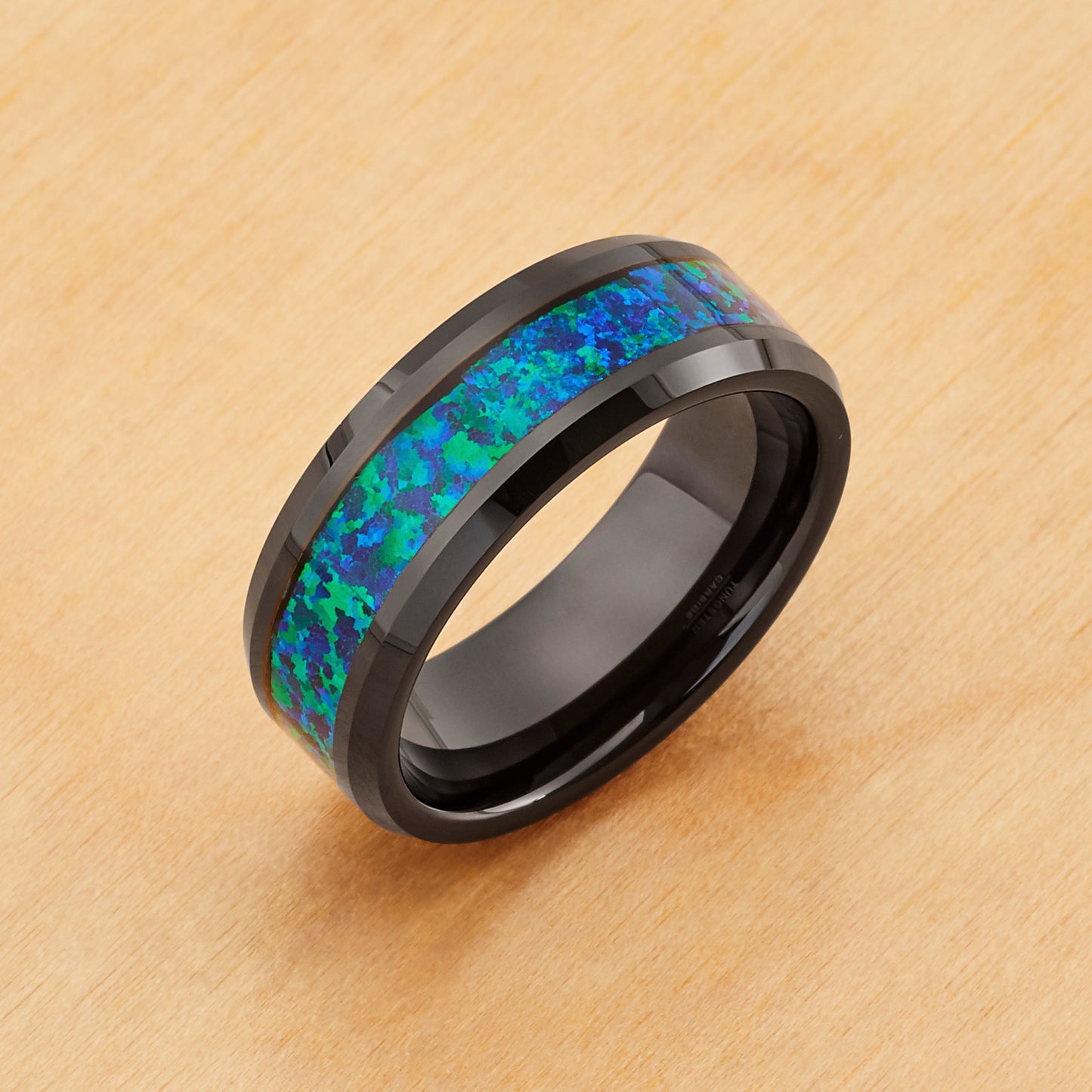 TR883 - Black Plating - Tungsten Ring 8mm, Black IP Plated with Synthetic Emerald-Green Opal Inlay