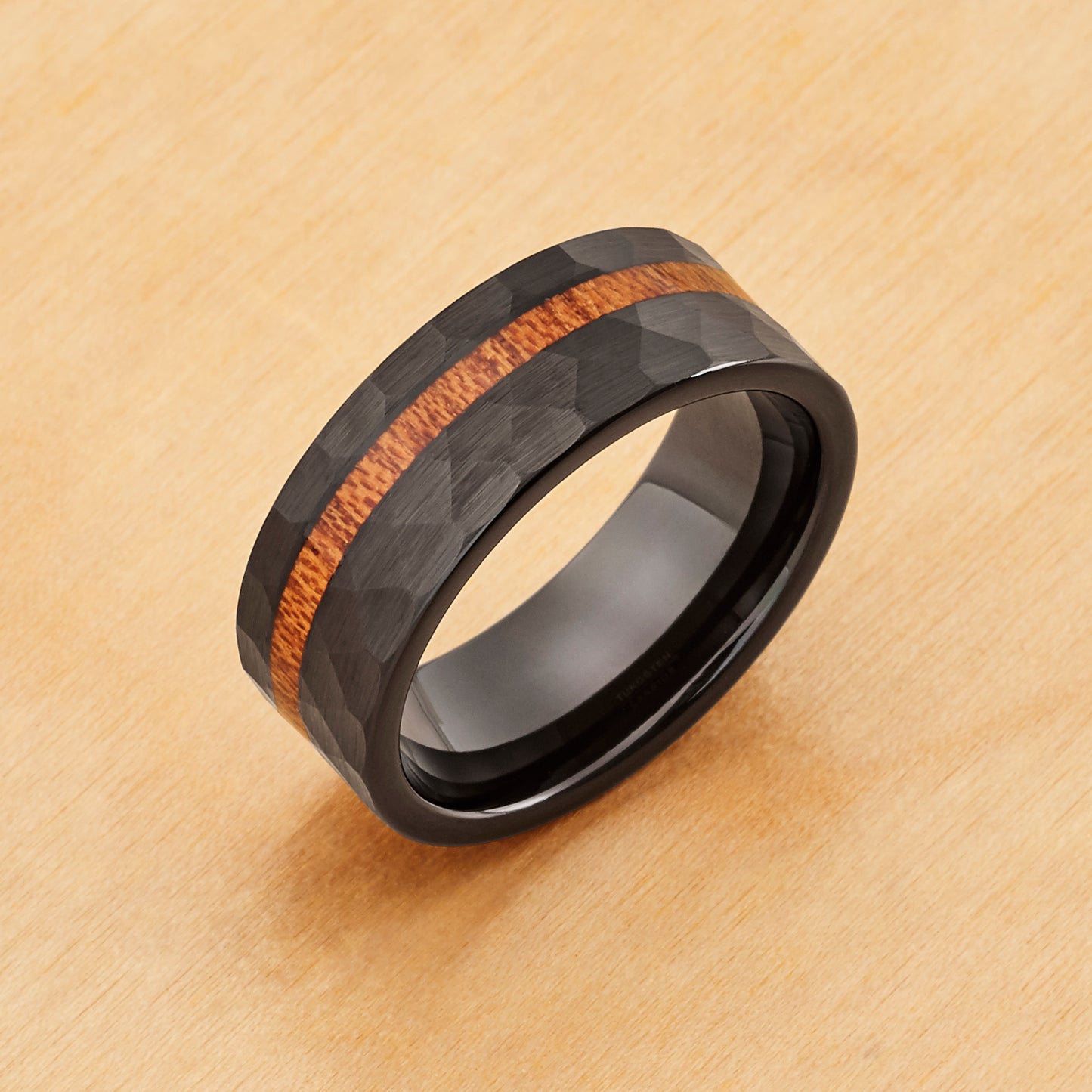 TR891 - Black Plating - Tungsten Ring 8mm, Black IP Plated Hammered with Hawaiian Koa Wood Inlay